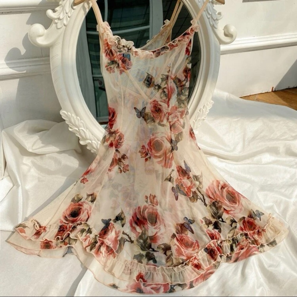 Floral slip dress lingerie sheer transparent open back rose flower Strap - Picture 3 of 5